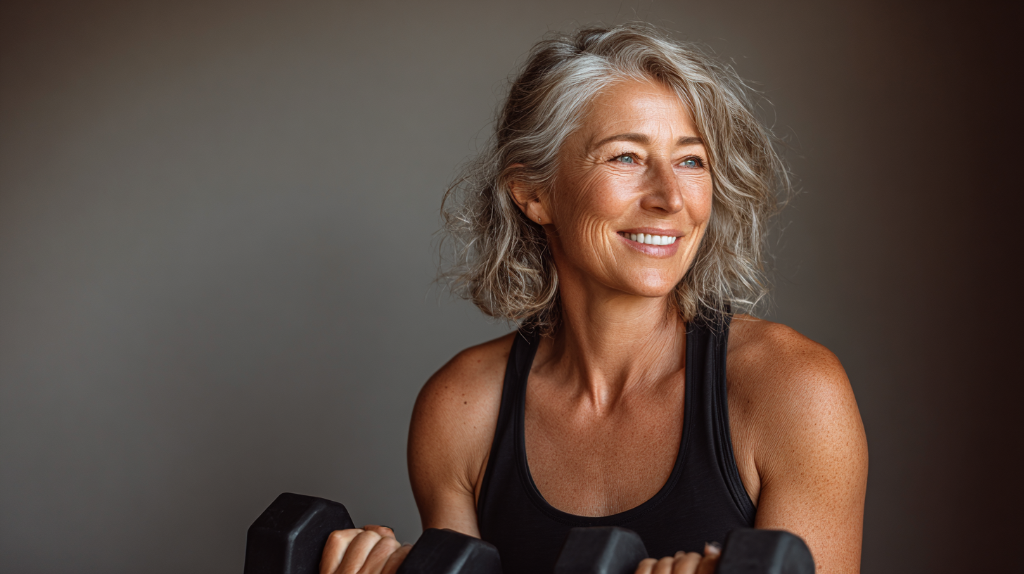 Възрастна жена се усмихва, докато прави упражнения на открито